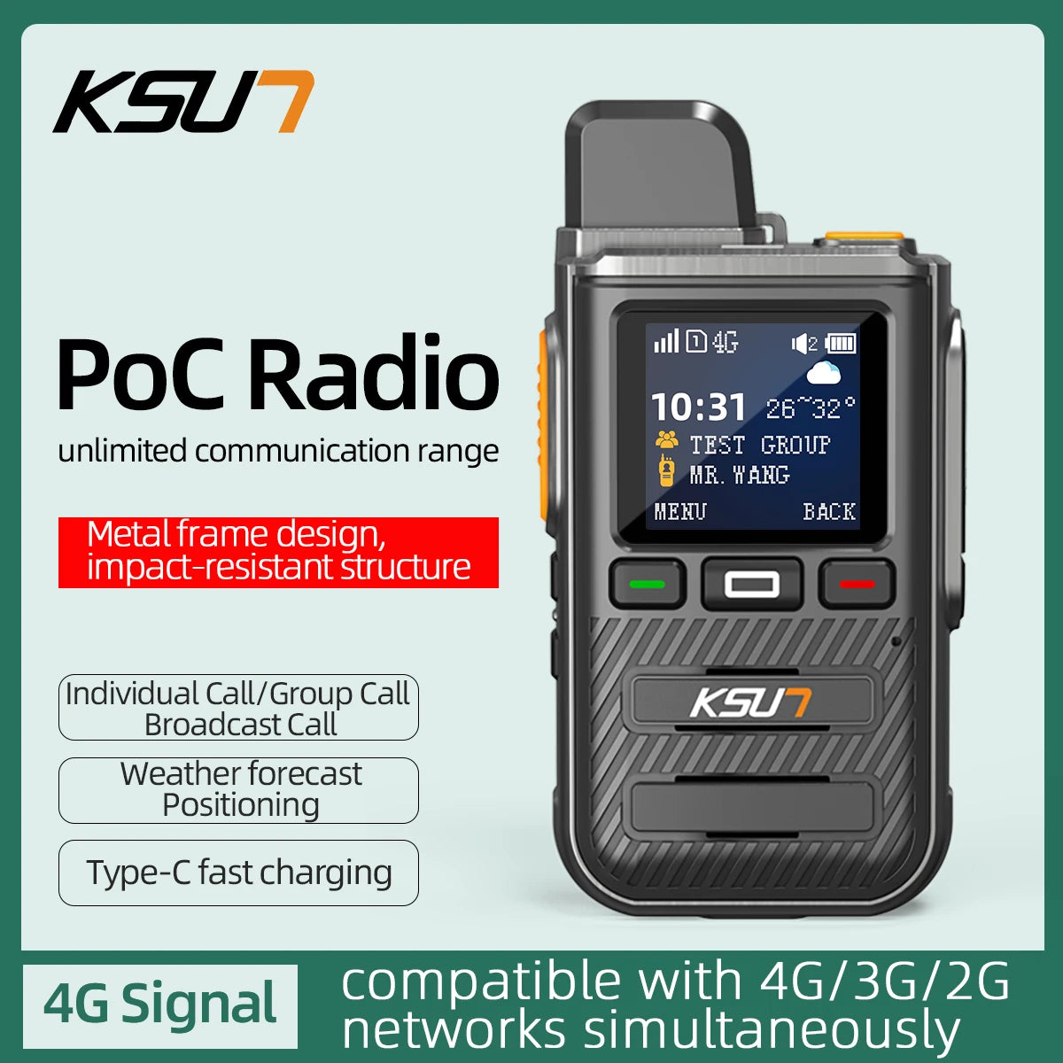 KSUN CT22 4800mAh Public Network Intercom 4G Full Netcom Metal Body Reflective Screen Type-C Fast Charge, Dual SIM Weather+GPS