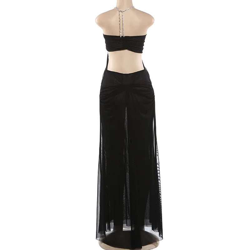 Prom Party Gown Dress Woman Sexy See Through Luxury Chain Halter Low-Neck Backless Sleeveless Midnight Elegant Vestidos