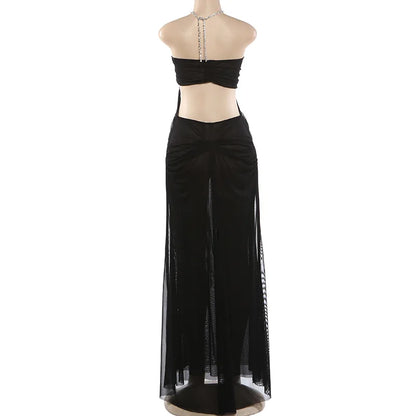 Prom Party Gown Dress Woman Sexy See Through Luxury Chain Halter Low-Neck Backless Sleeveless Midnight Elegant Vestidos