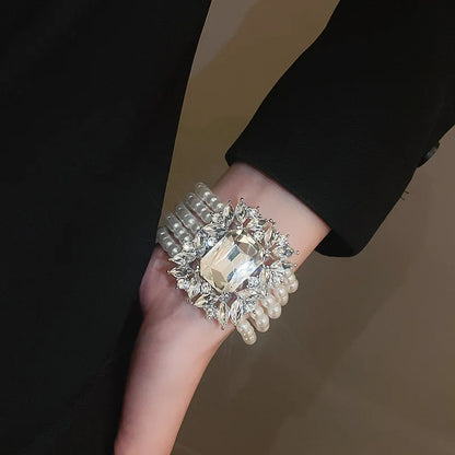 Shiny Big Square Zircon Bracelets Elegant Imitation Pearl Multi-layer Chain Bracelets Bangles for Women Party Wristbands K-
