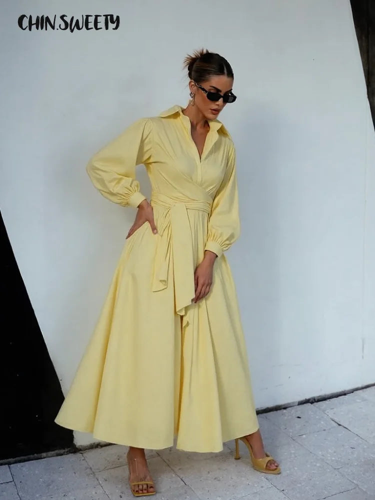 Fashion Women's Shirt Style Dress Waist-Closed Long Sleeve Turn-Down Collar Lace Up Dresses 2025 Summer Casual Female Vetidos
