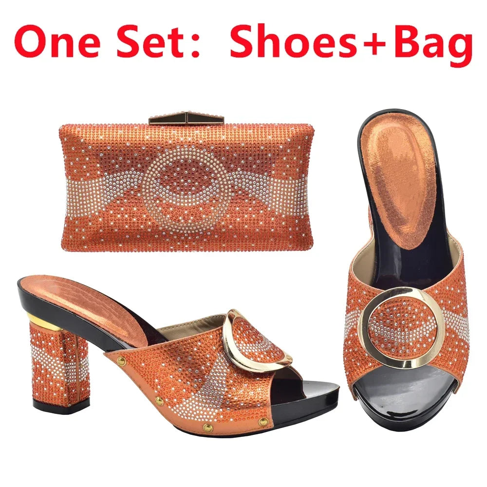 African Women Shoes and Bags Sets with Rhinestone Plus Size Heels 43 Nigerian Party Pumps Luxury Shoes Wedding Shoes Bride
