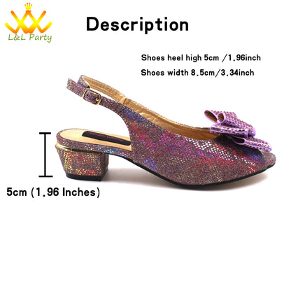 Pink New Arrivals Nigerian Women Shoes and Bag Set Italian Design Low Heels with Crystal Peep Toe Sandals for Party