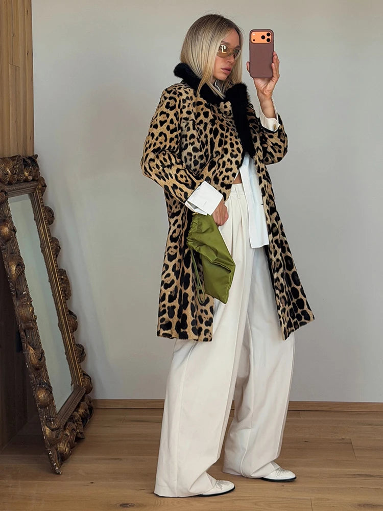 Vintage Leopard Print Coat Women Faux Fur Trim Collar Long Sleeve Loose Mid-length Warm Jacket Club Street Ladies Outerwear