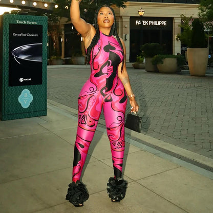 Sexy Vintage Printed Jumpsuits Woman Trend O Neck Zipper Sleeveless Skinny Peach Hip Jumpsuit Hottie Party Club Overalls