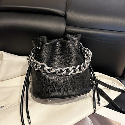 100% Genuine Leather Women Shoulder Crossbody Bags High Quality Solid Color Cow Leather Bucket Handbag Luxury Female Sac
