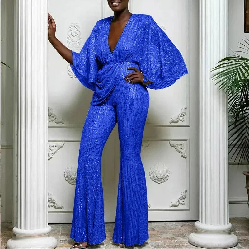 Women's Sequin Jumpsuit Sexy Deep V Backless Lady Elegant Fashion Half Sleeve Wide-leg Trousers New Party Jumpsuits