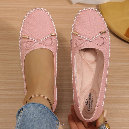 Goreyodoly Womens Casual Slip On Flats Woven Pattern Bow Breathable Lightweight Comfortable Daily Walking Shoes