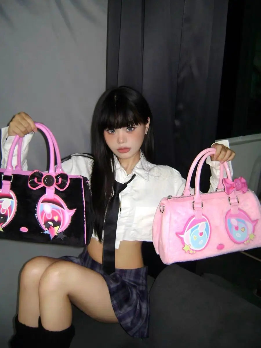 Hot Girl Sweet Cute Crossbody Bag Women Cartoon Pink Shoulder Bags Ladies Large Capacity Plush Y2K Aesthetic Black Handbag 2025