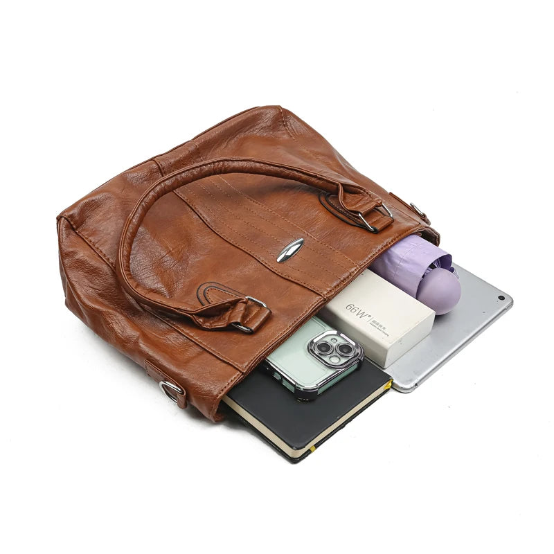 New Soft Leather Handbag For Women Vintage Shoulder Tote Bag Luxury Designer Ladies Large Capacity Purse Commute Bags Sac A Main