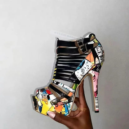 Sexy Mixed Colors Peep Toe Sandals Cross Tied Double Buckle Straps Thin High Heels Cover Heel Ankle New Style Sandals Designer
