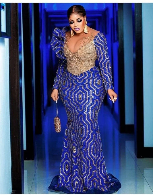 African Plus Size Evening Dress For Women Blue Gold Sequined Mermaid Prom Gown Elegant Long Sleeve Formal Party Dress Customized