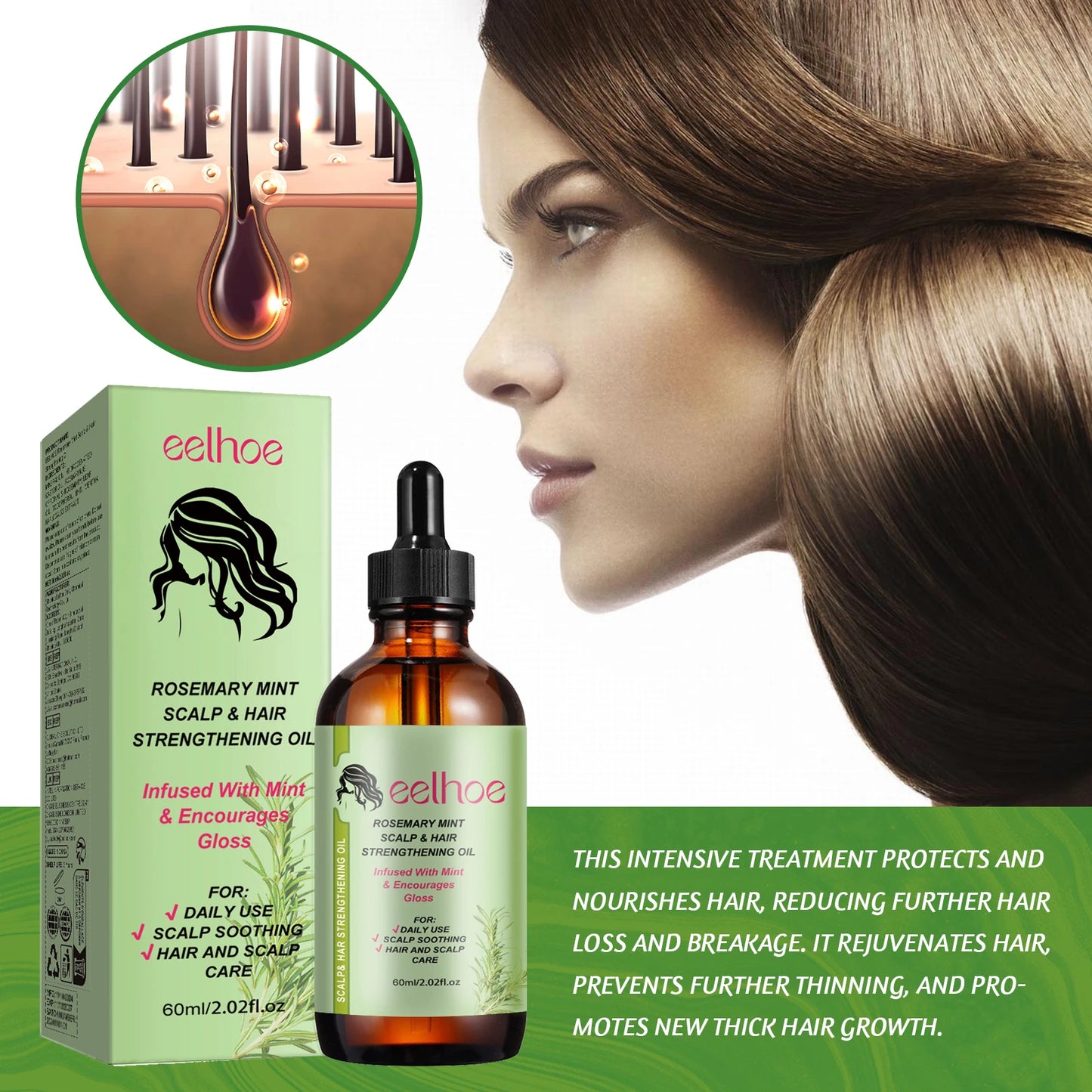 EELHOE Rosemary Hair Care Essential Oil - Reduces Frizz, Enhances Shine, Mint-Infused, Nourishing Care for Women and Men 1set