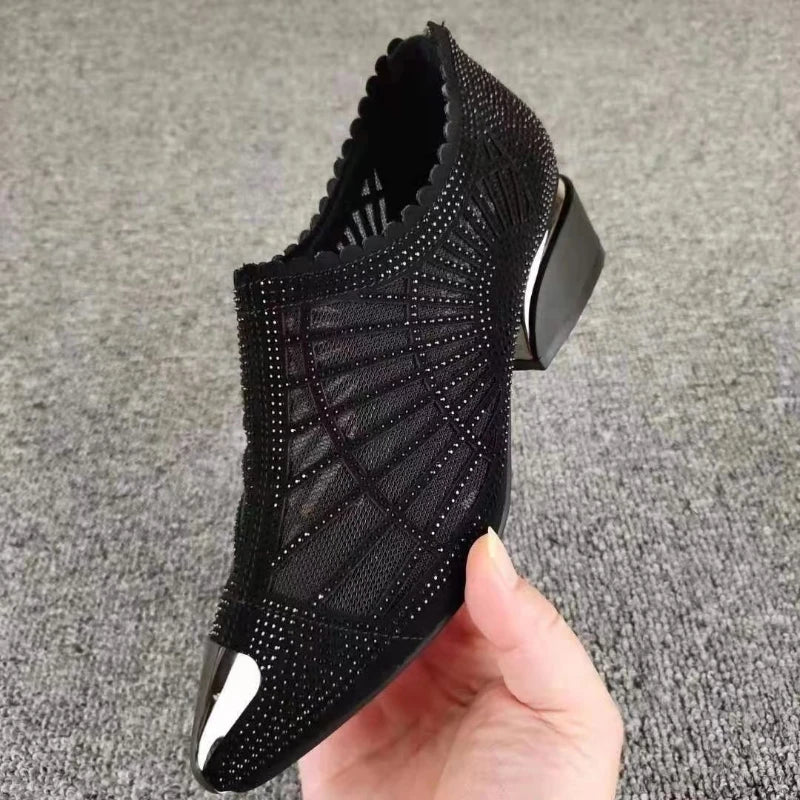 Women's Pointed Toe Sandals Luxury Breathable Mesh Bowknot Rhinestone Clear Elegant Mid-Heeled Simple Pump Shoes Mesh Sandals