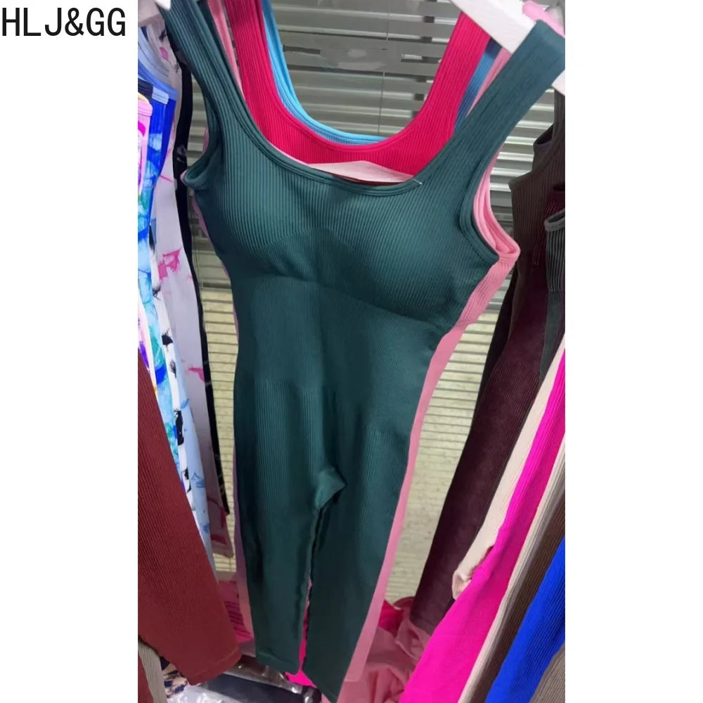 HLJ&GG High Stretchy Ribber Bodycon One Piece Jumpsuits Women Sleeveless Slim Playsuits Casual Quality Sporty Leggings Overalls