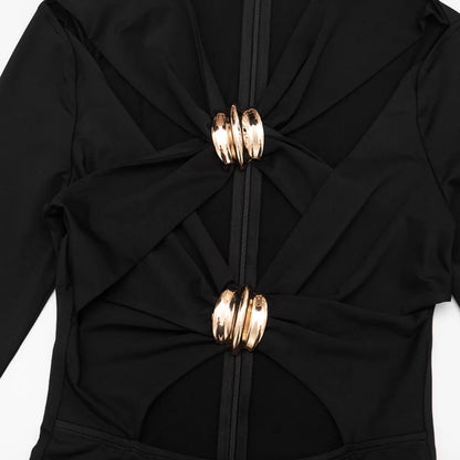 FLARORA Sexy Hollow Out Jumpsuits Woman Trend Metal Buckle Decoration Full Sleeve Skinny Peach Hip Party Club Street Overalls