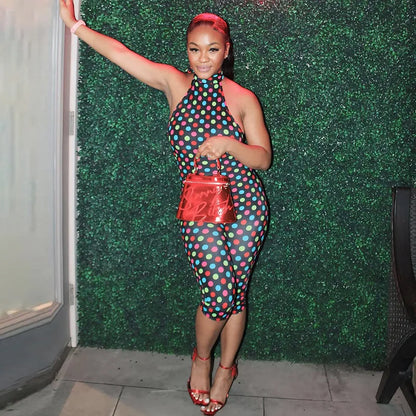 FAGADOER Fashion Color Dot Printing Bodycon Jumpsuits Woman Halter Sleeveless Backless Rompers Female Streetwear Overalls 2026