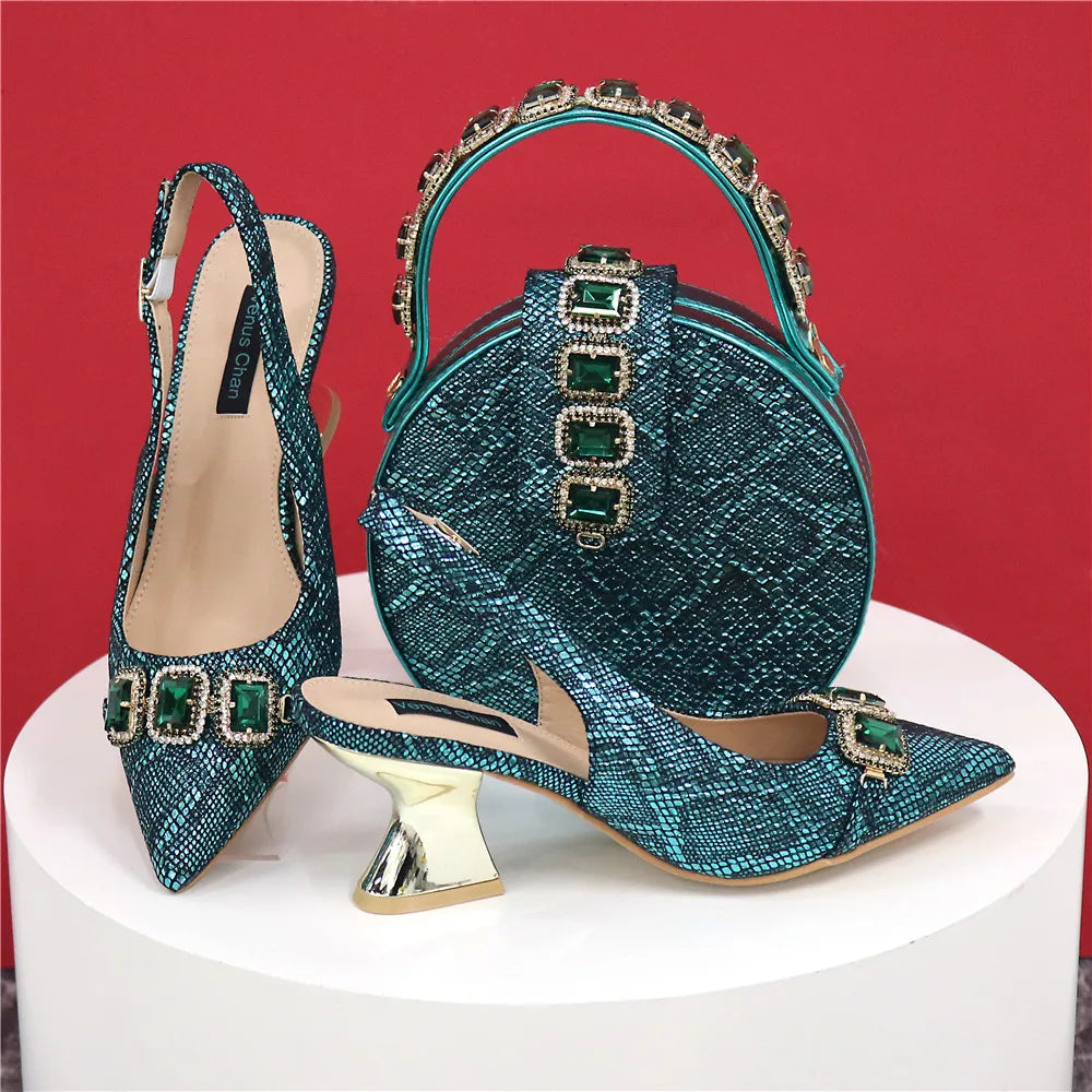 Newest Style Teal Sky Color Platform Design Peep Toe Ladies Shoes Matching Bag Set For Mature Women Heel Party Pump