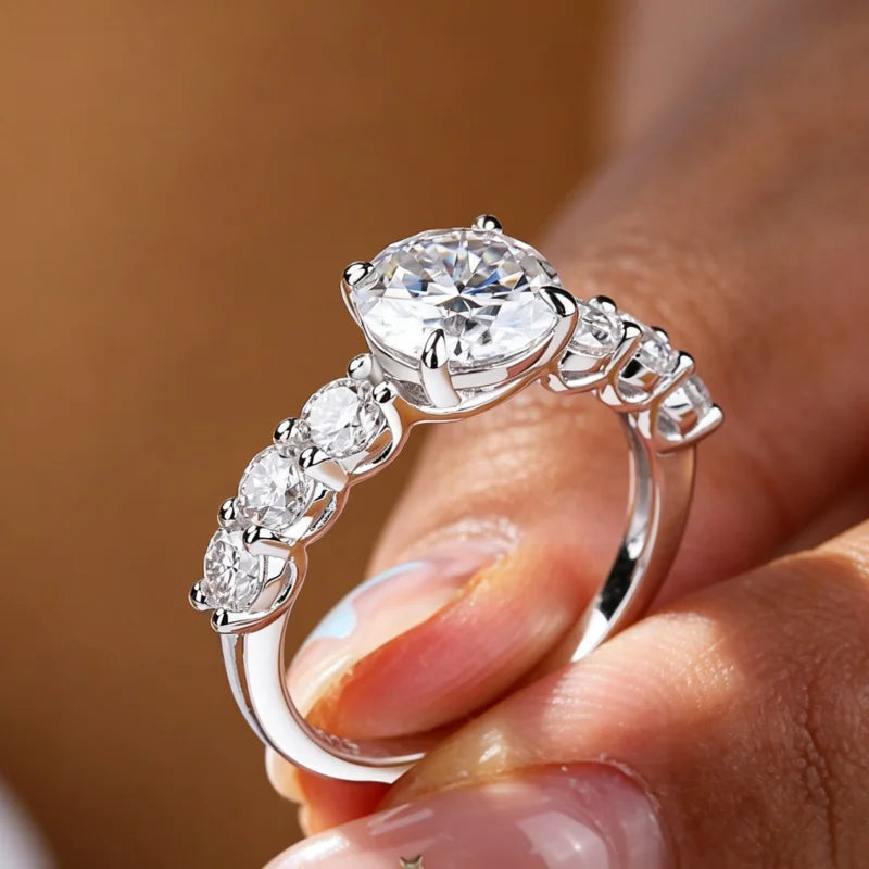 NKHOG 2CT Full Moissanite Ring Round Cut 5 Stones Side 925 Sterling Silver For Women Wedding Band Engagement Jewelry Gift Luxury