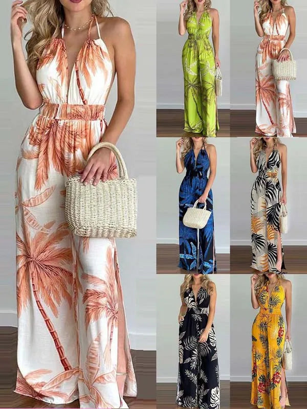 New Summer Sleeveless Halter Jumpsuits for Women Backless Print Lace-up Wide-leg Women Jumpsuit Rompers Womens Jumpsuit