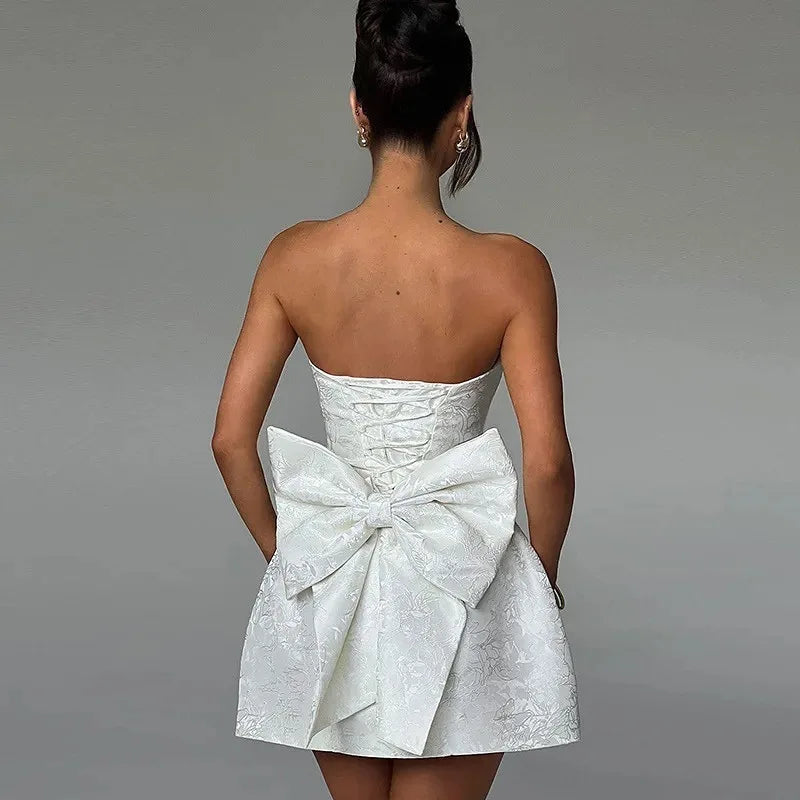 Evening Party Dresses Women 2026 Summer Sexy Fashion Bow Dress Elegant Jacquard Lace Up Backless Birthday Short Dress