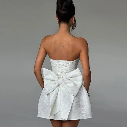 Evening Party Dresses Women 2026 Summer Sexy Fashion Bow Dress Elegant Jacquard Lace Up Backless Birthday Short Dress