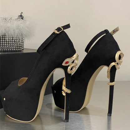 Liyke Sexy Metal Snake Shape Thin Heeled Sandals Women Peep Toe Buckle Strap Platform High Heels Party Stripper Shoes Size 35-42