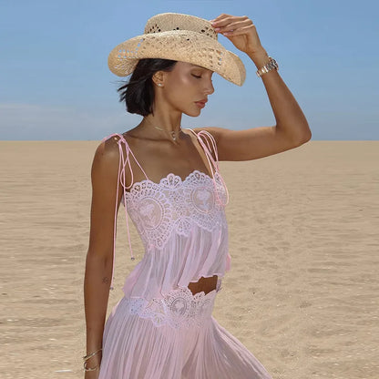 2026 Summer Fashion Square Neck Ruffled Crop Top & Pleated Midi Skirt 2-Piece Set Elegant Boho Resort Vacation Casual Outfits