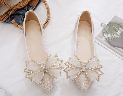 Women's Flat Mesh Shoes Diamond with Bow Pointed Toe Ladies Footwear Casual Non Slip Luxury Brand Elegant and Fashionable Y2k On