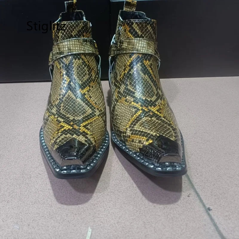Buckle Strap Snakeskin Ankle Boots for Men High Heels Slip On Genuine Leather Work Boots Metal Decor Chelsea Boots Men's Shoes