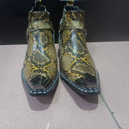 Buckle Strap Snakeskin Ankle Boots for Men High Heels Slip On Genuine Leather Work Boots Metal Decor Chelsea Boots Men's Shoes