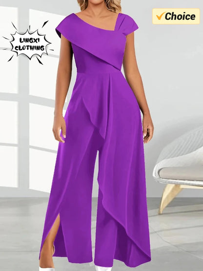 2024 Summer New Elegant Women's V-neck Irregular Jumpsuit Solid Color Short Sleeved Long Style Banquet Women's Jumpsuit