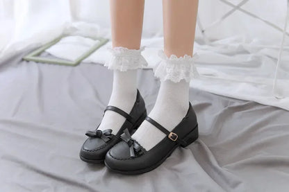 Women's Japanese Lolita JK Ankle Socks Kawaii Cotton with Lace Trim - Cute White/Black Crew Socks for Girls Cosplay Casual Wear