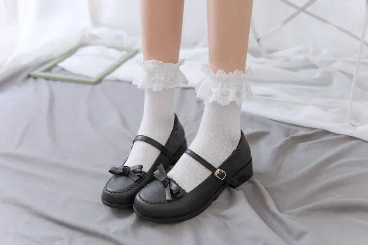 Women's Japanese Lolita JK Ankle Socks Kawaii Cotton with Lace Trim - Cute White/Black Crew Socks for Girls Cosplay Casual Wear