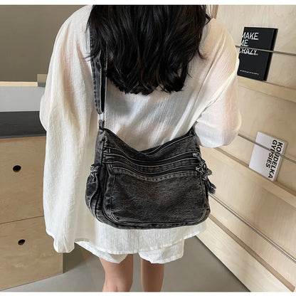 Vintage Denim Women's Shoulder Bag Large Capacity Messenger Bag Multi-pockets Satchel Bags Adjustable Strap Ladies Crossbody Bag