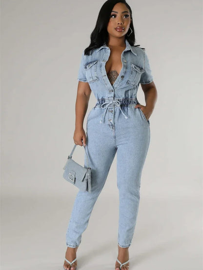 Fashion Denim Jumpsuit Summer Clothes Women 2026 Short Sleeve Button Up Pencil Jeans Rompers Playsuits One Piece Overalls Outfit