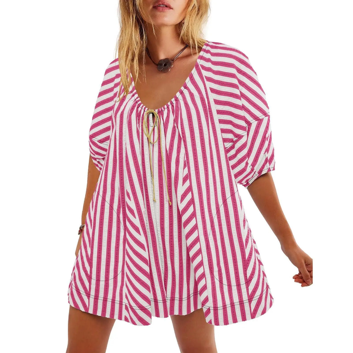 fall Beach Vacation Rompers Short-sleeve Striped Jumpsuit Slim Casual Loose Deep V Wide-leg Short Jumpsuit For Women Clothing