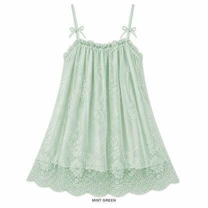 Women's Floral Lace Bow Strap Sleep Dress, Short A-Line Babydoll Nightgown, One Size Loungewear in Black White Pink Green