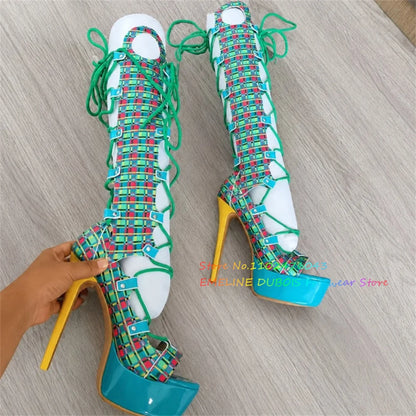 Multi Color Hollow Out High Heel Knee High Boot Women Summer New Sexy Open Toe Platform Stilettos Lace Up Runway Style Sandals