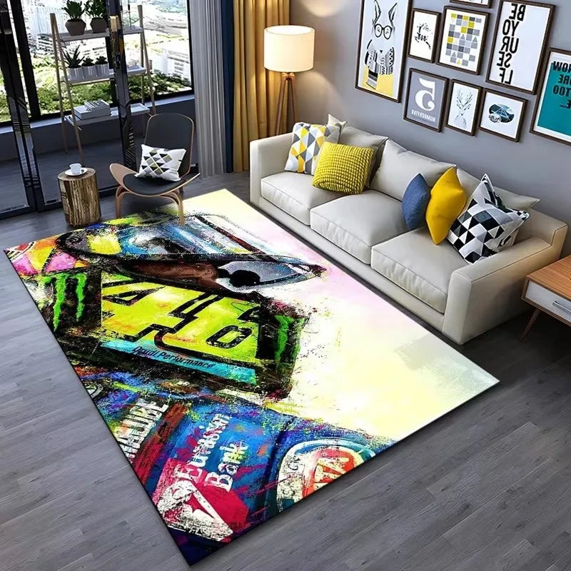Motorcycle Racer The Doctor Carpet Mat Black Yellow Racing Track Living Room Rug with Number 46 Dynamic Design Home Decoration