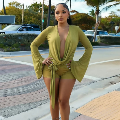Chiffon Long Sleeve Sexy Slender Ladies Ruffle Neck Deep Back Bodysuit Three-Part Shorts