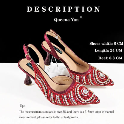 Queena Yan Nigerian Heel Party for Women Silver Color Shoes and Bag Set Rhinestone Handbag Italian Design Wedding INS 2025