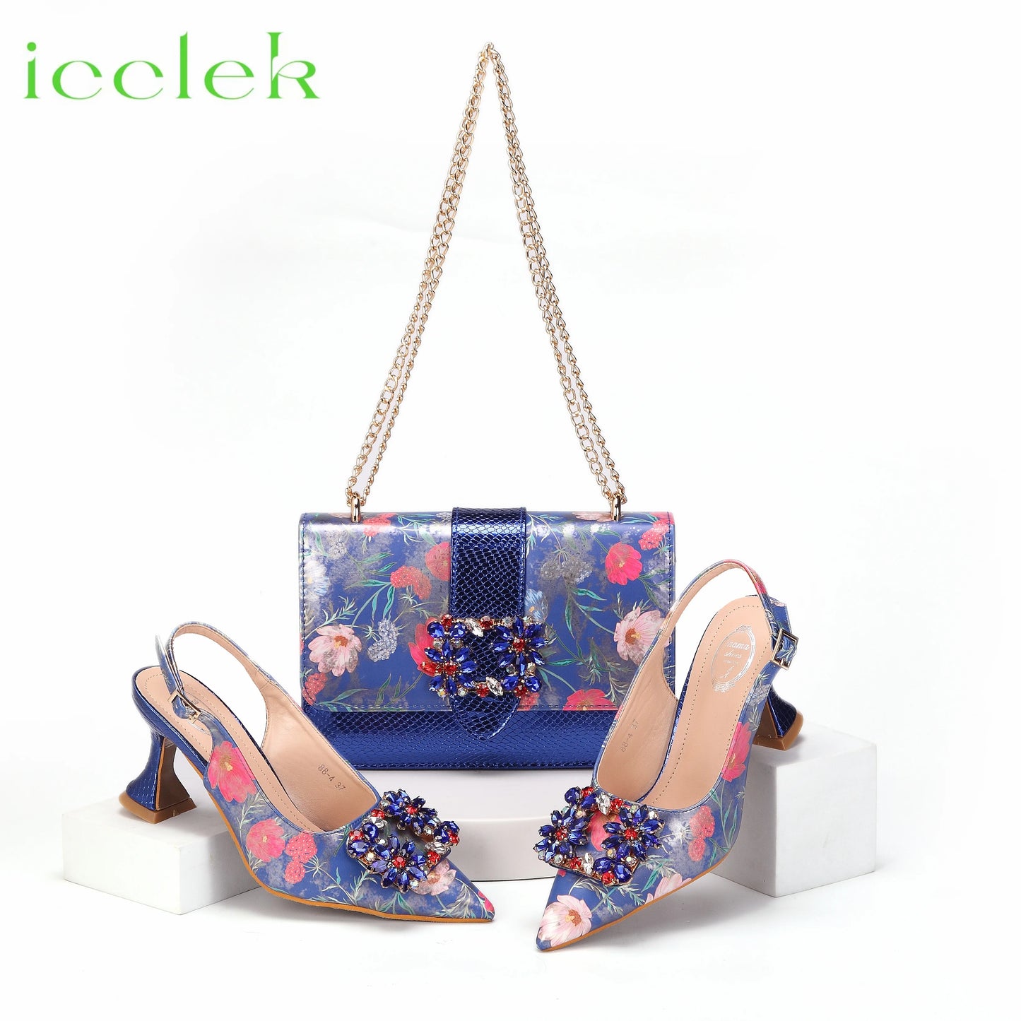 Newest Green Color Print Design High Heels Decorated with Water Rhinestone Party Women's Shoes and Bags Set
