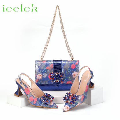 Newest Green Color Print Design High Heels Decorated with Water Rhinestone Party Women's Shoes and Bags Set