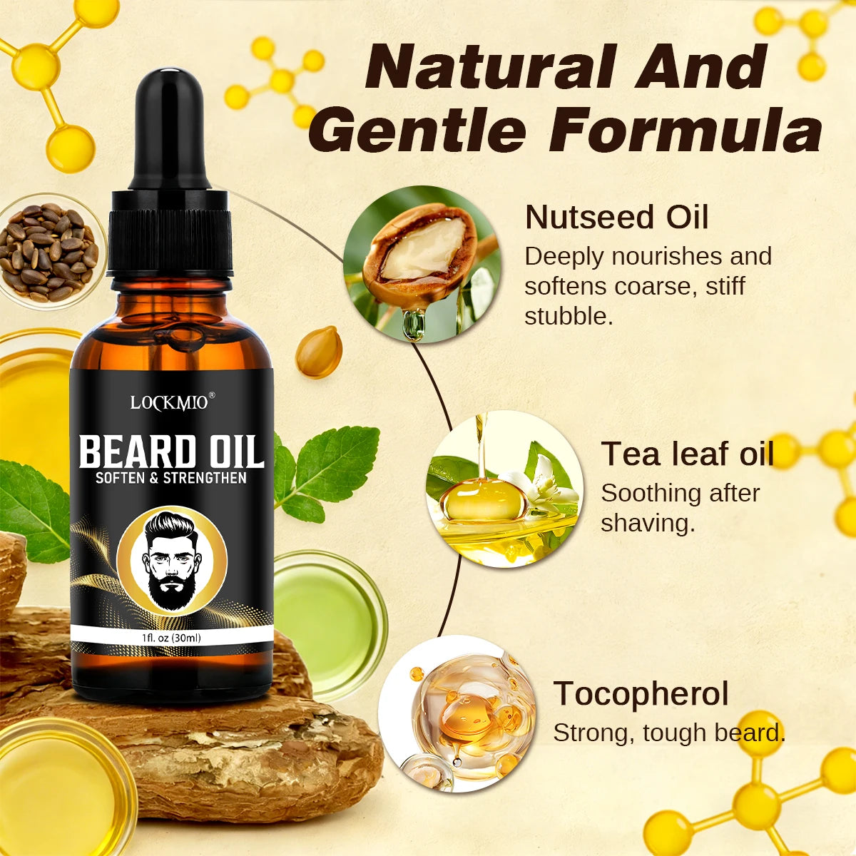 LOCKMIO 30ml Beard Moisturizing and Nourishing Oil Facial Hair Conditioner 24 Hour Long-Lasting Mustache Hydration Serum for Men