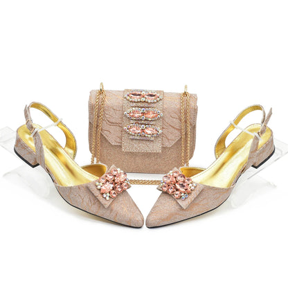 Designer Shoe and Bag Sets From Italy Luxury Rhinestone African Women Shoes and Bags Italy Low Heels Pointed Toe Woman Pumps