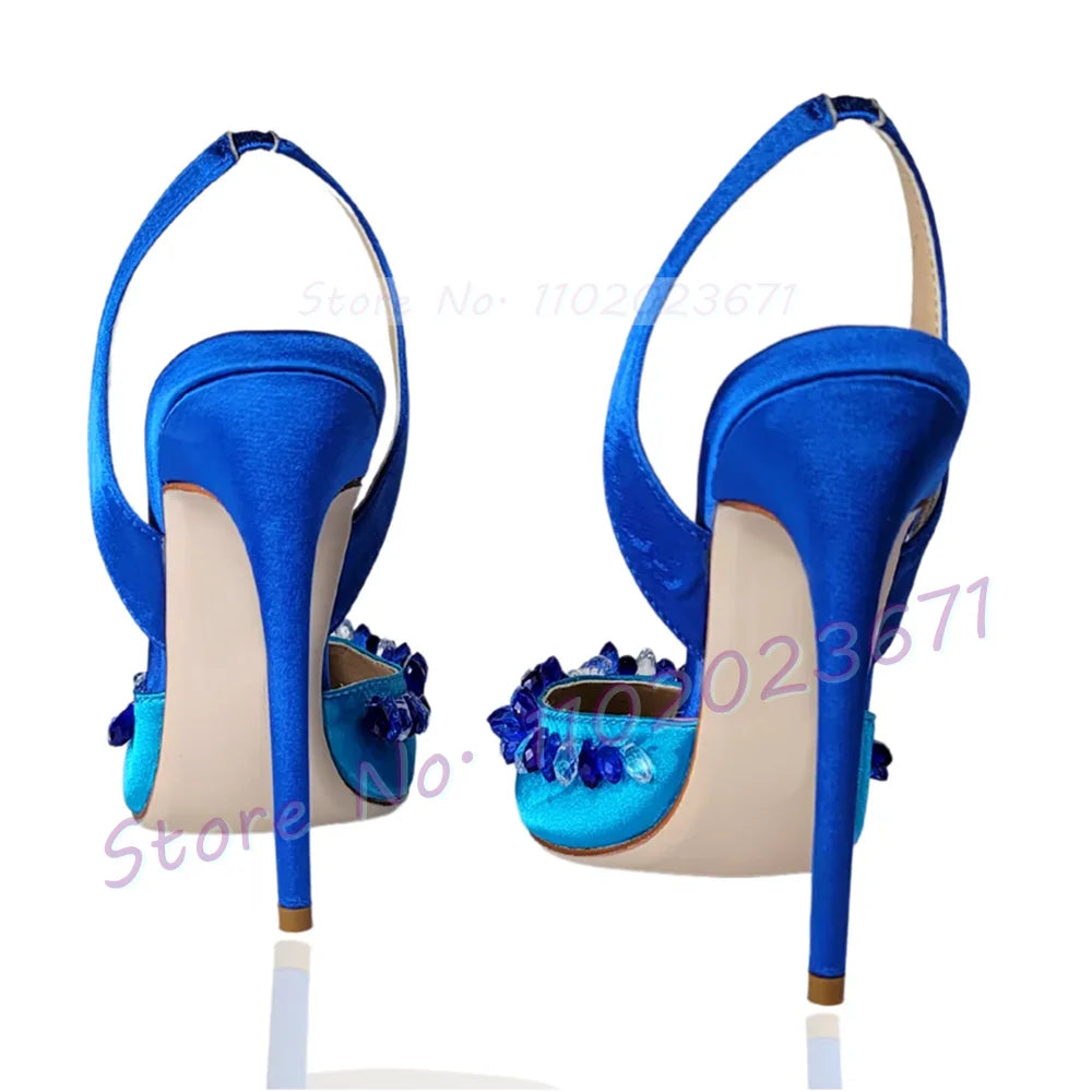 Blue Crystal Trim Elegant Satin Sandals Women Luxury Back Strap High Heels Party Shoes Ladies Summer Chic Pointy Toe Bling Pumps