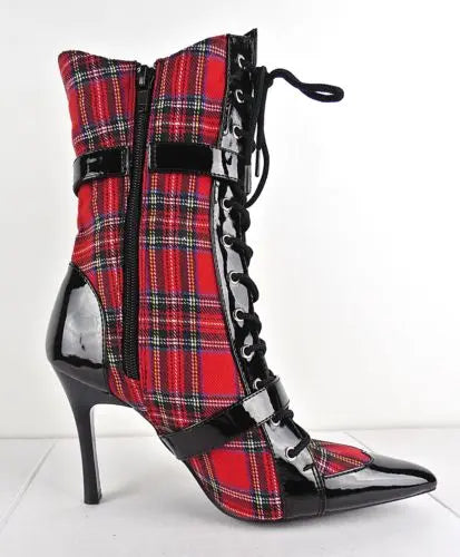 Mixed Colors Red Pointed Toe Belt Buckle Mid-Calf Lace Up Women Boots Stiletto High Heels Side Zipper Design Large Size Shoes