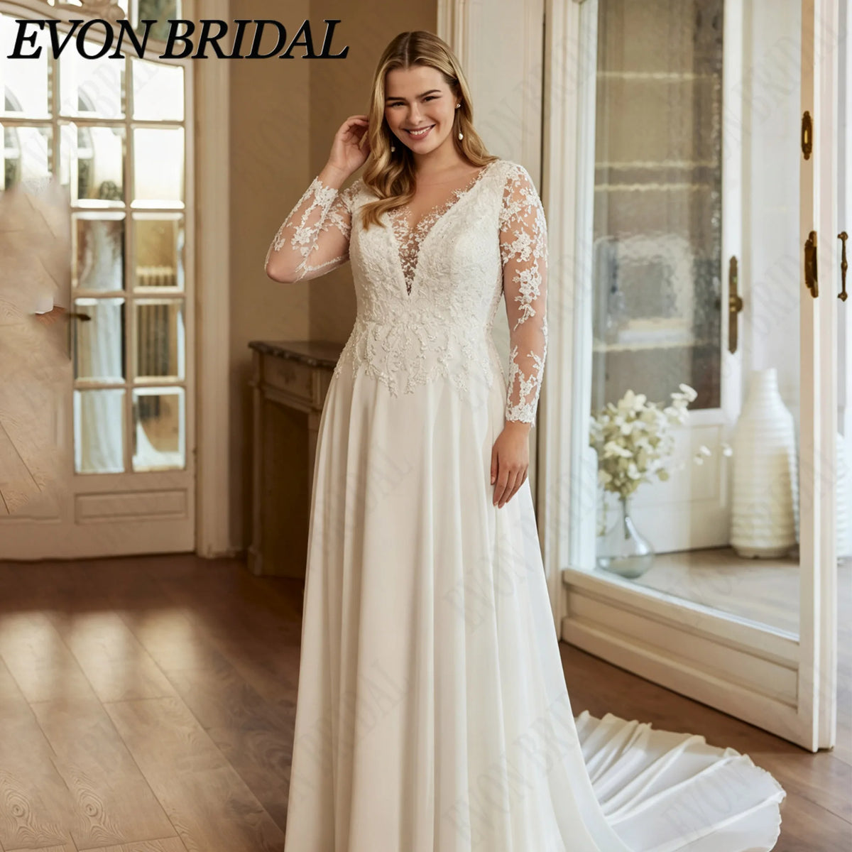 EVON BRIDAL Customized V-Neck Long Sleeve Wedding Dress Plus Size Lace Appliques Chiffon Bride Dresses A-Line Bridal Gown
