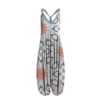Wide Leg Bohemian Loose Overall Jumpsuit Ethnic Mandala Vintage Paisley Printing Women Rompers Backless Harem Bloomers Playsuit
